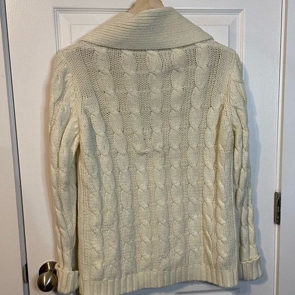 VTG ivory shawl collar acrylic cable knit cardigan w/ wooden buttons mens sz L - Picture 5 of 13